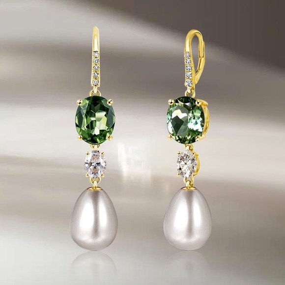 Golden Oval Cut & Pearl Peridot Drop Earrings 925 Sterling Silver - Picture 3 of 8